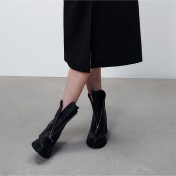 Zara Leather Zippered Lug Sole Boots - Picture 2 of 11